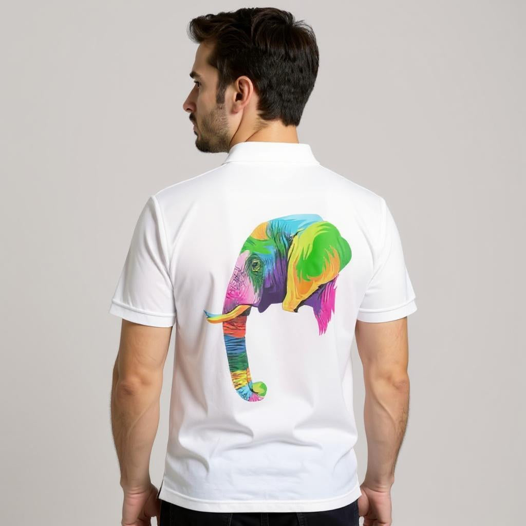 Man wearing a white polo shirt with a colorful elephant design on the back against a gray background