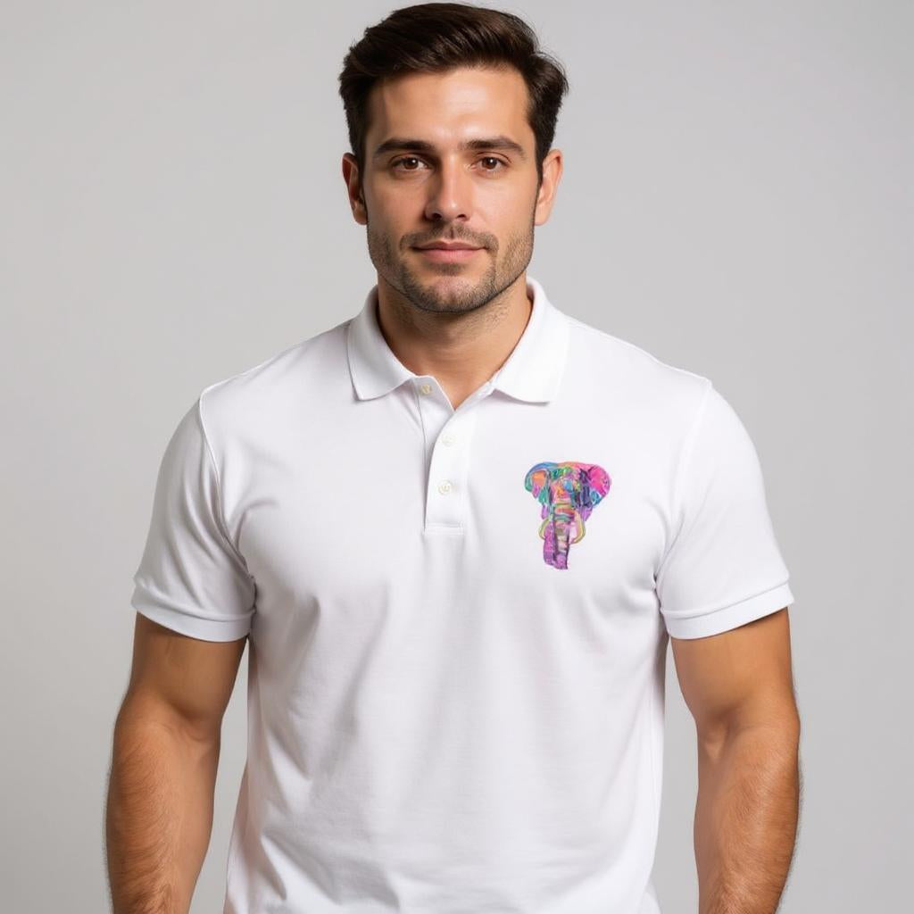 Man wearing a white polo shirt with a colorful elephant design on a gray background