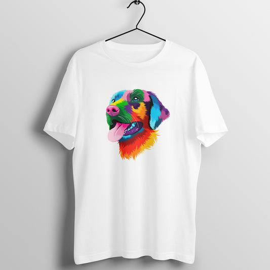 A white t-shirt with a colorful front graphic print of a dog's head.